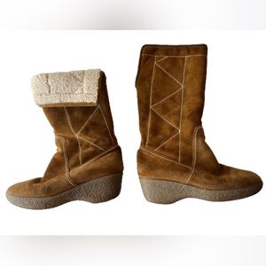 Vintage 70s Suede Wedge Boots Shearling Sherpa Lined Contrast Stitching Platform